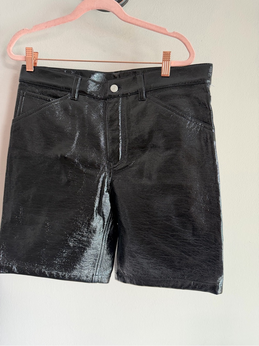 Courreges Paris Mens Black Vinyl High Shine Carpenter Shorts Size 48 Designer